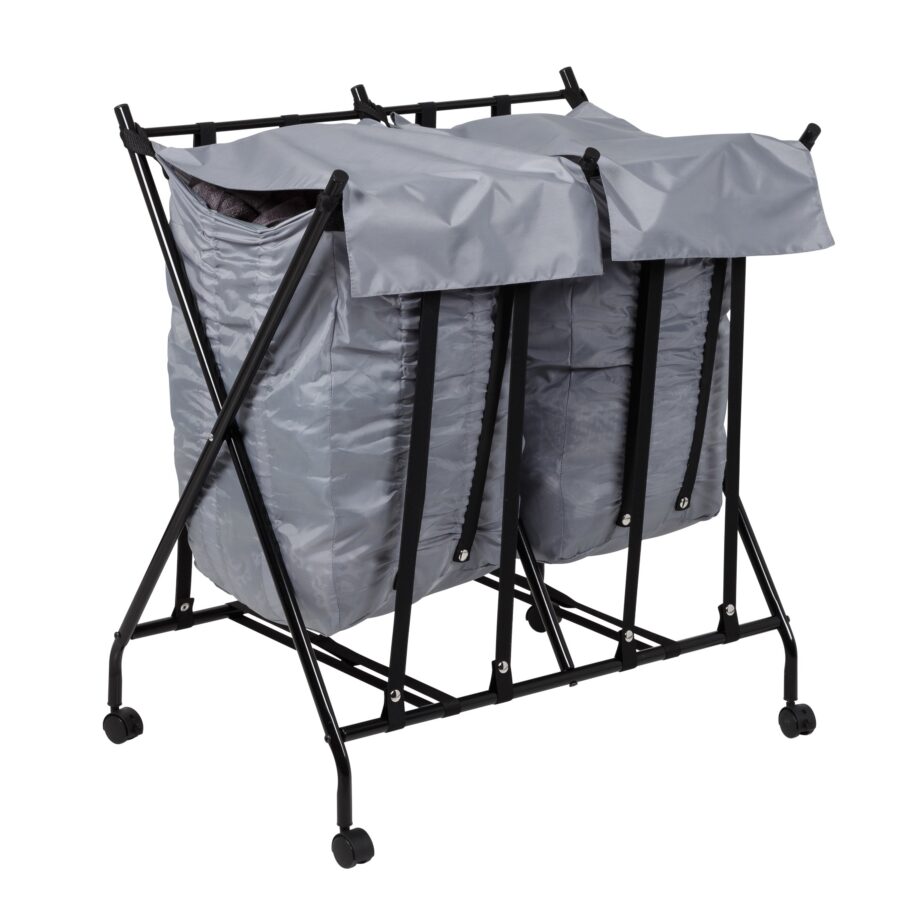 2-Bag No-Bend Rolling Laundry Hamper - Black and White