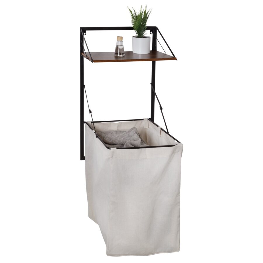 Over-the-Door and Wall-Mount Folding Laundry Hamper with Shelf - Black and Walnut