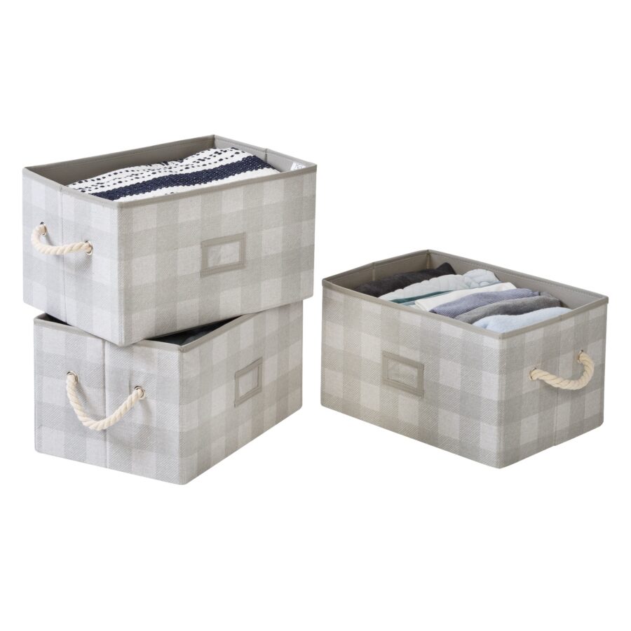 Plaid Folding Large Fabric Storage Bins with Handles (Set of 3) - Gray