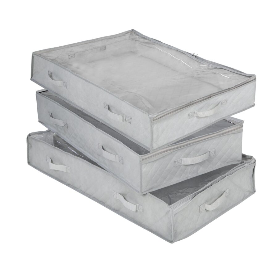 3-Pack Under-Bed Fabric Storage Container Bags with Window and Handles, Gray